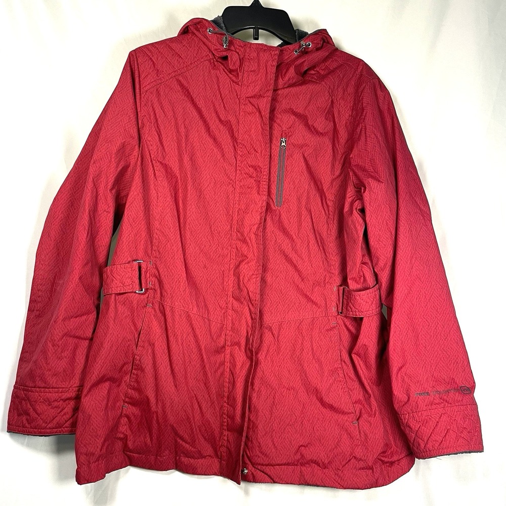 Free Country Womens Large Red/Gray Reversible Fleece Lined Jacket Hood Zip Cinch